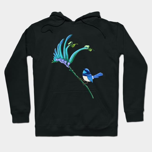 Blue Kangaroo Paw and little blue Wren Hoodie by SoozieWray